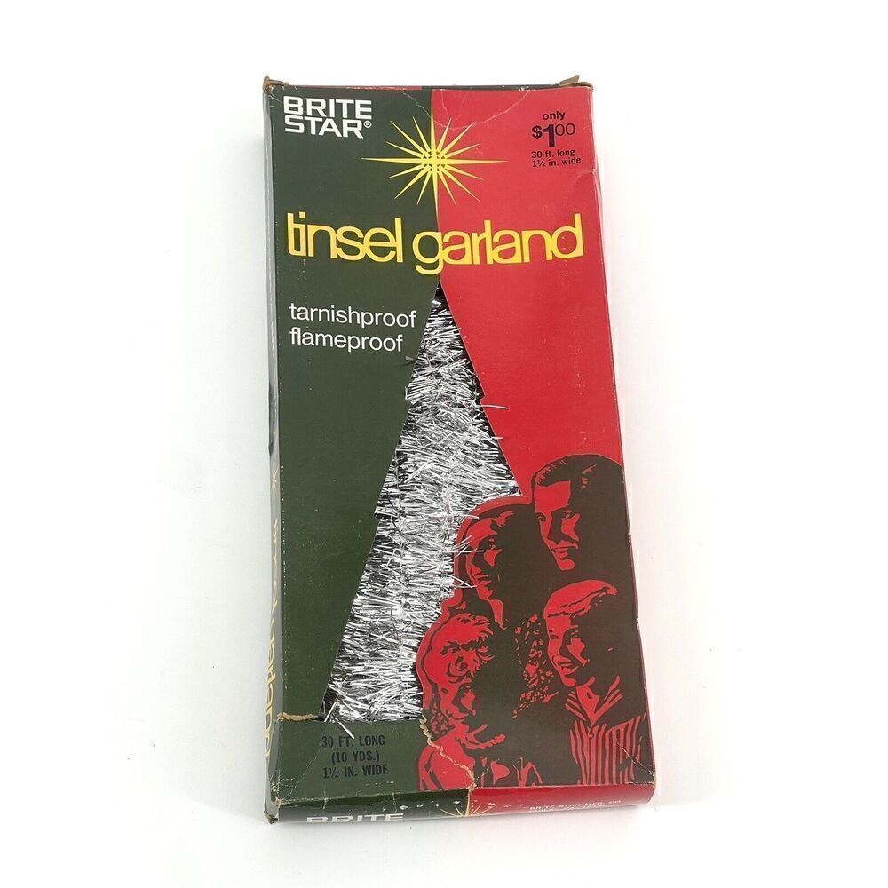 Vintage NOS Brite Star Silver Tinsel Garland 30’ By 1.5” New In Original Box
